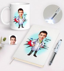 Kişiye Özel Erkek Doktor Karikatürlü Defter Kupa ve Dokunmatik Işıklı Kalem Seti-2