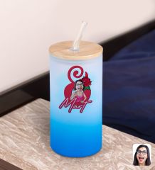 BK Gift Kadınlar Gününe Özel Karikatürlü Mavi Renk Pipetli Buzlu Cam Bardak 600ml - 4, 8 Mart Kadınlar Günü