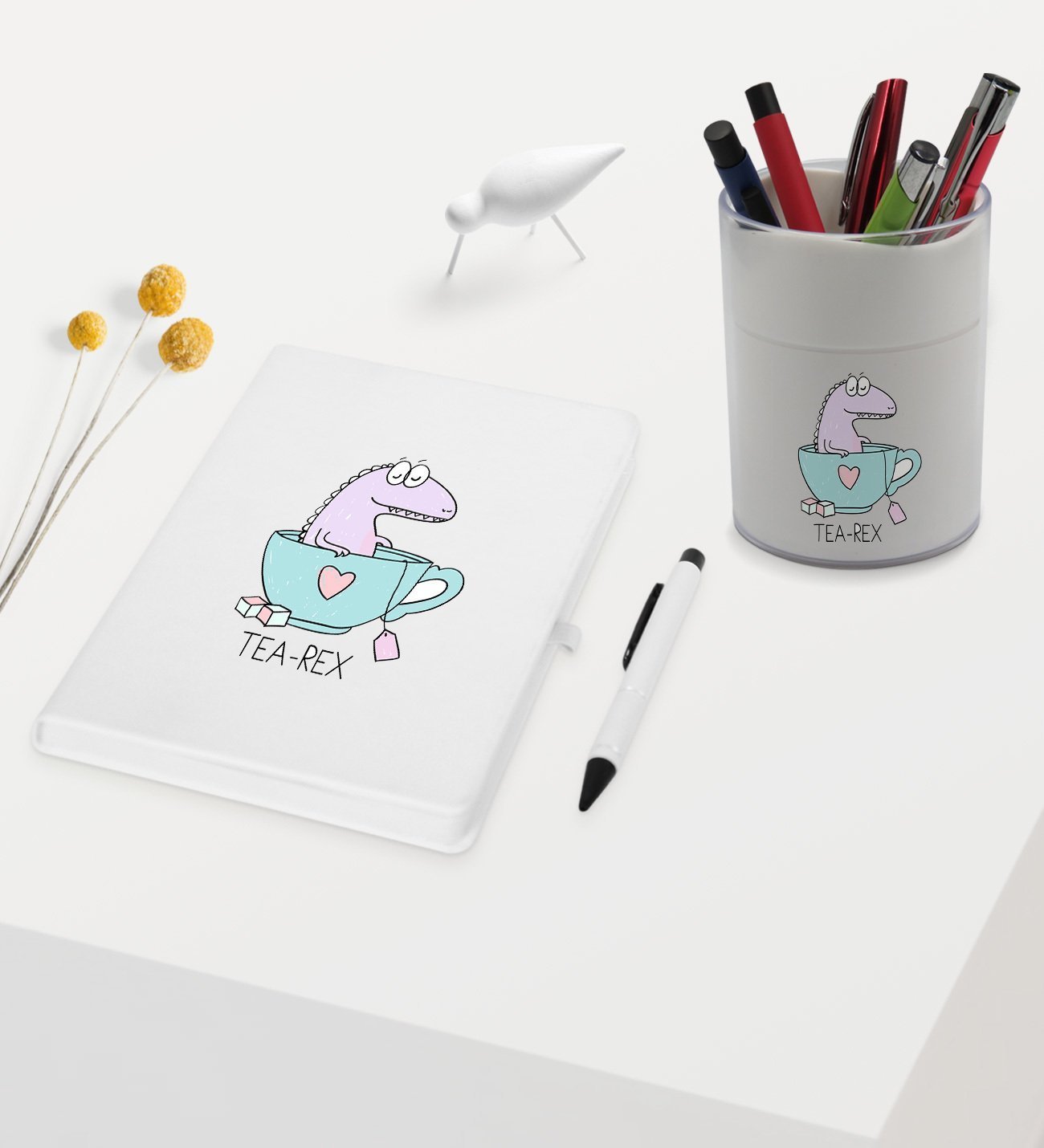 BK Gift Tea Rex Tasarımlı Beyaz Defter Kalem ve Kalemlik Hediye Seti - Model 1