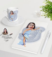Kişiye Özel Bayan Avukat Karikatürlü Beyaz Defter Kalem Türk Kahvesi Fincanı Seti-2