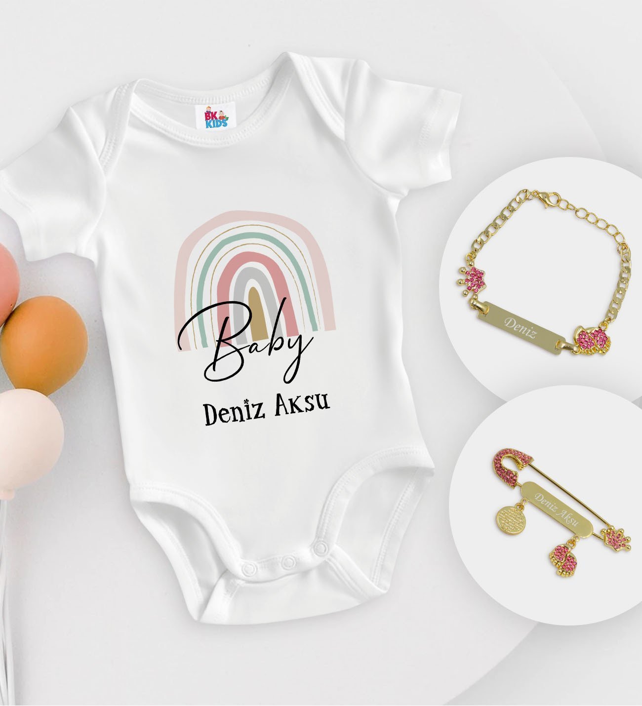 BK Kids Kişiye Özel Baby Tasarımlı Beyaz Bebek Body Zıbın Kız Bebek Künyesi ve İğnesi Hediye Seti-1