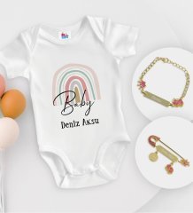 BK Kids Kişiye Özel Baby Tasarımlı Beyaz Bebek Body Zıbın Kız Bebek Künyesi ve İğnesi Hediye Seti-1