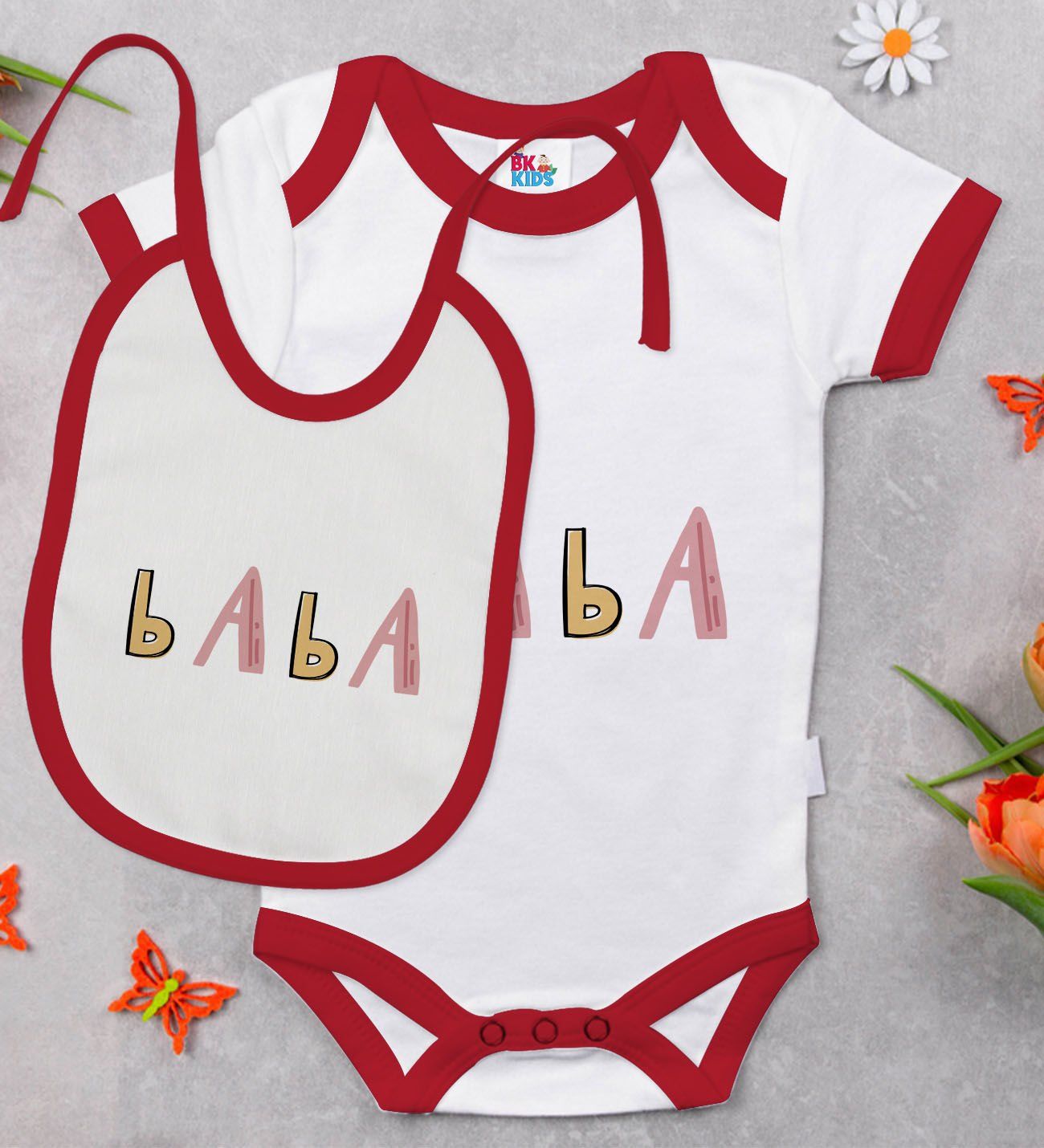 BK Kids Baba Tasarımlı Kırmızı Bebek Body Zıbın ve Mama Önlüğü Hediye Seti-1