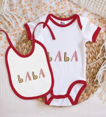 BK Kids Baba Tasarımlı Kırmızı Bebek Body Zıbın ve Mama Önlüğü Hediye Seti-1