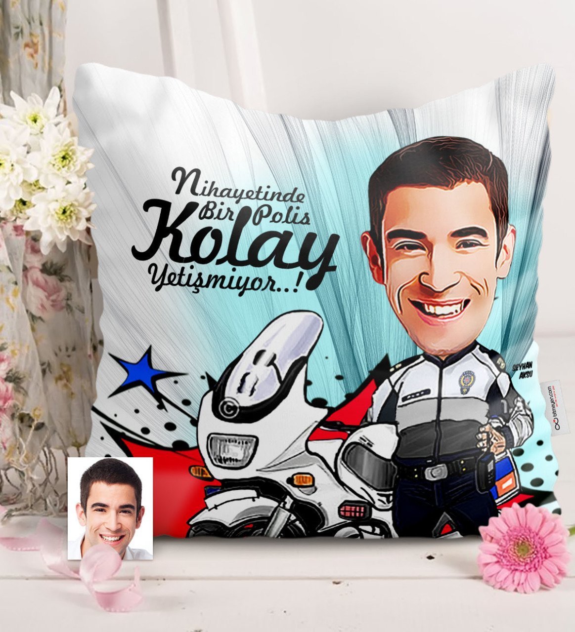 Kişiye Özel Bay Polis Karikatürlü Saten Yastık - 7