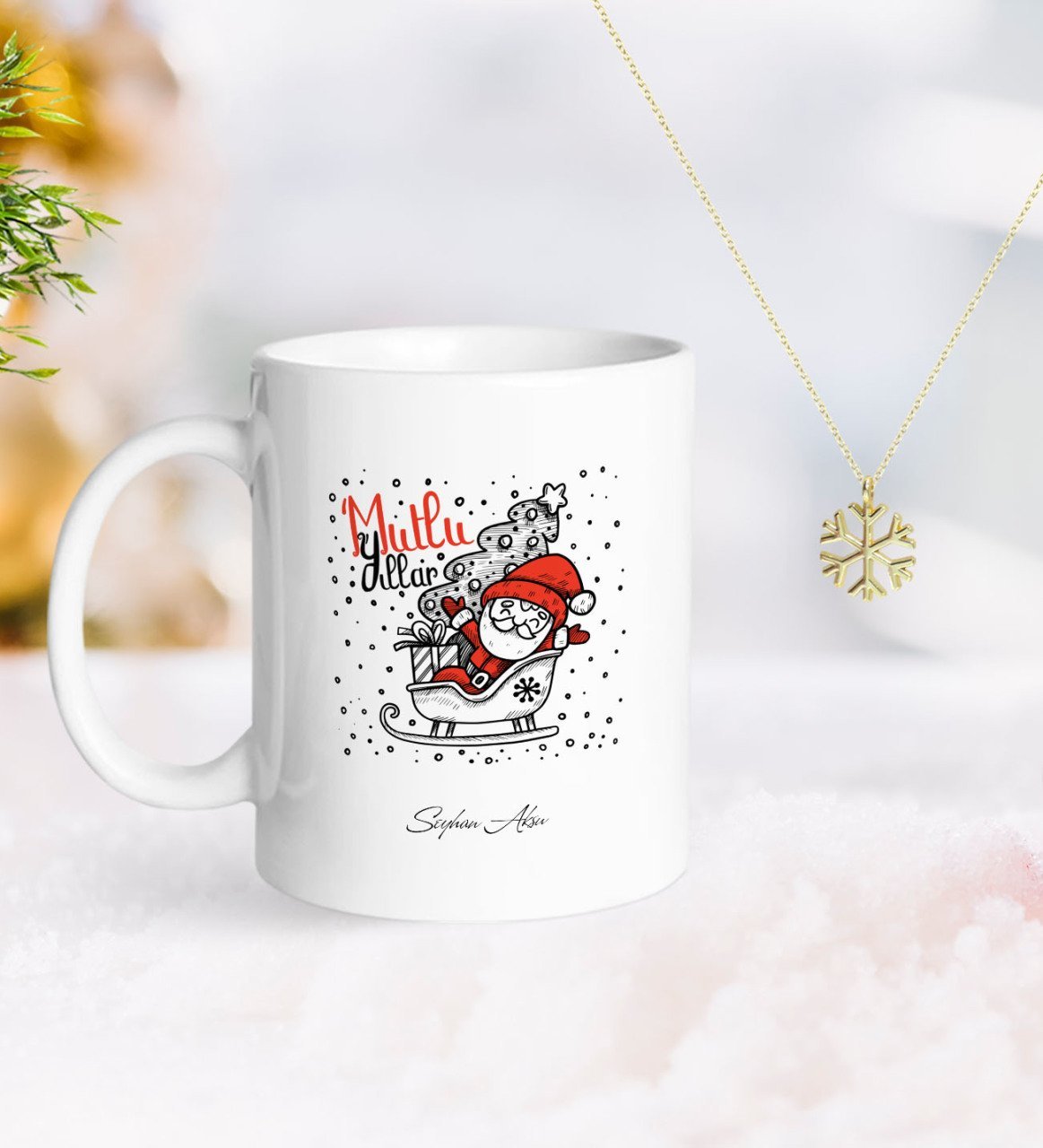 Kişiye Özel Noel Baba Kupa ve Kar Tanesi Kolye-5