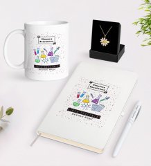 Kişiye Özel Kimya Öğretmeni Beyaz Kupa Defter Kalem ve İsimli Papatya Kolye Hediye Seti-4