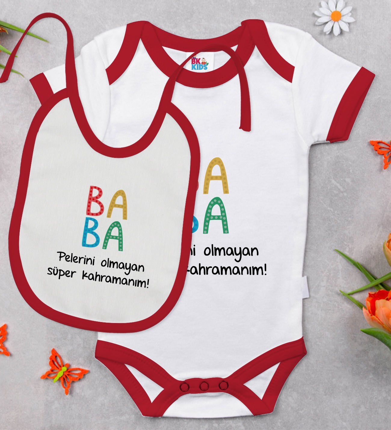 BK Kids Baba Tasarımlı Kırmızı Bebek Body Zıbın ve Mama Önlüğü Hediye Seti-2