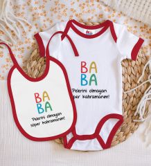 BK Kids Baba Tasarımlı Kırmızı Bebek Body Zıbın ve Mama Önlüğü Hediye Seti-2