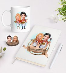 Kişiye Özel Yılın En Mükemmel Çifti Karikatürlü Beyaz Defter Kalem ve Kupa Seti-57