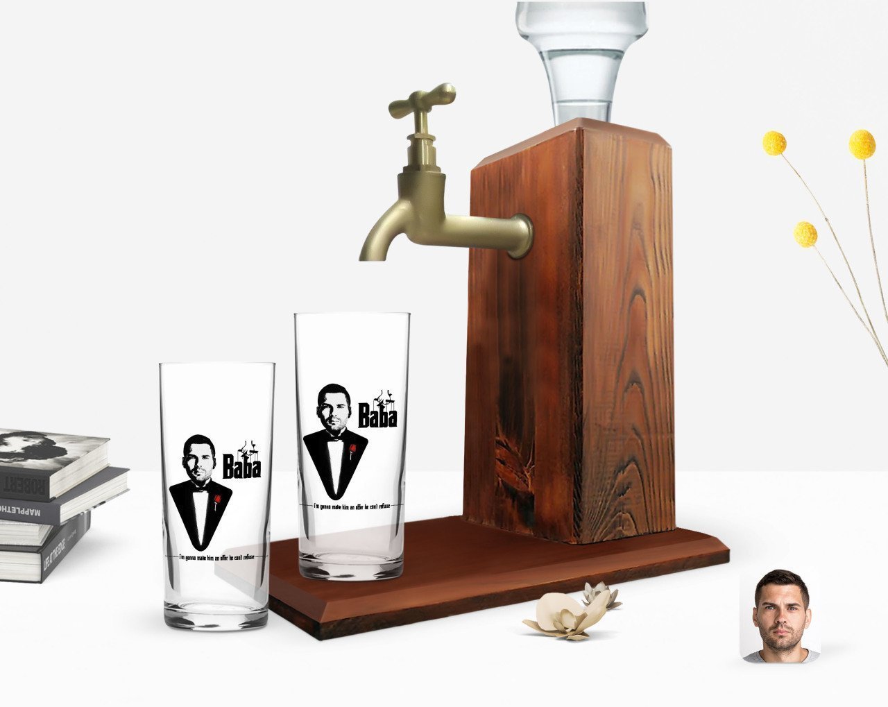 Kişiye Özel Renkli Baskılı Godfather Baba Tasarımlı İkili Rakı Bardağı ve Ahşap Rakı Standı Hediye Seti-6