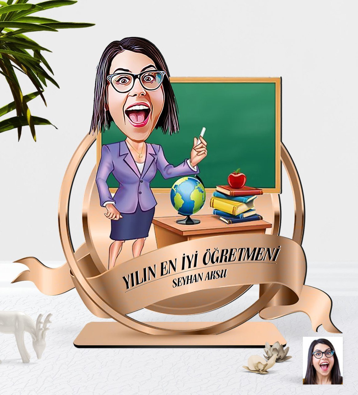 Kişiye Özel Yılın En İyi Kadın Öğretmeni Karikatürlü 3D Ahşap Biblo Plaket-9