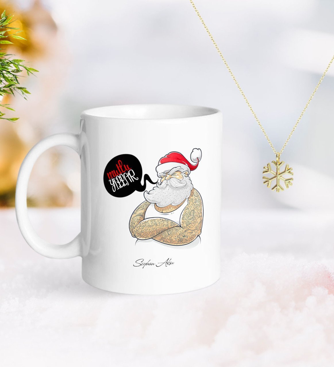 Kişiye Özel Noel Baba Kupa ve Kar Tanesi Kolye-4