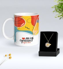 Kişiye Özel En İyi Öğretmen Kupa Ve Papatya Kolye Hediye Seti-5