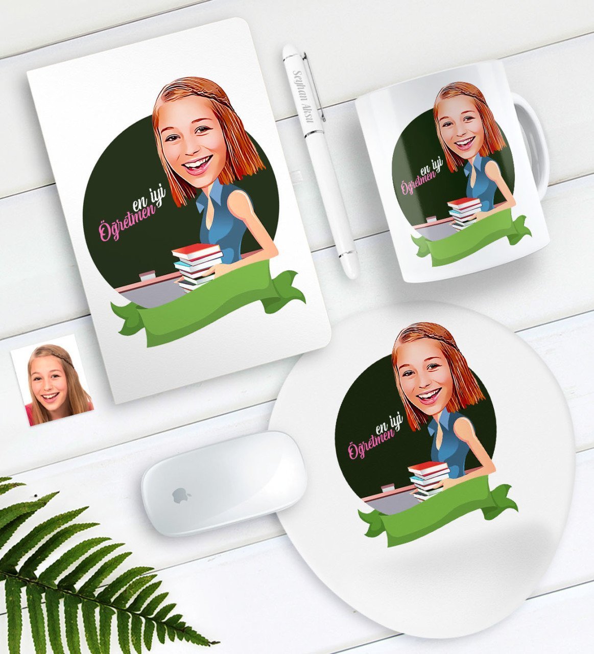 Kişiye Özel Bayan Öğretmen Karikatürlü Defter Kalem Kupa Mouse Pad Seti-6