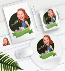Kişiye Özel Bayan Öğretmen Karikatürlü Defter Kalem Kupa Mouse Pad Seti-6