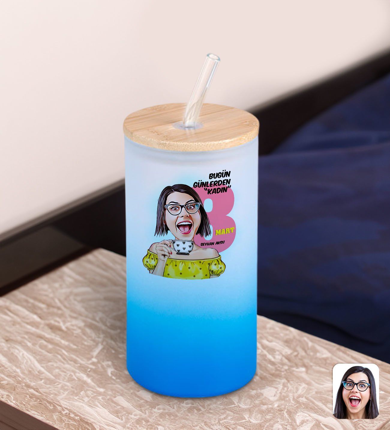BK Gift Kadınlar Gününe Özel Karikatürlü Mavi Renk Pipetli Buzlu Cam Bardak 600ml - 2, 8 Mart Kadınlar Günü