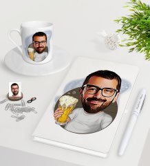 Kişiye Özel Erkek Karikatürlü Beyaz Defter Kalem Türk Kahvesi Fincanı Seti-5