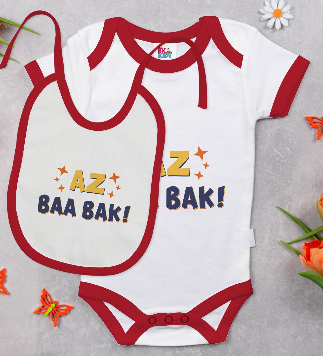 BK Kids Az Baa Bak Tasarımlı Kırmızı Bebek Body Zıbın ve Mama Önlüğü Hediye Seti-1