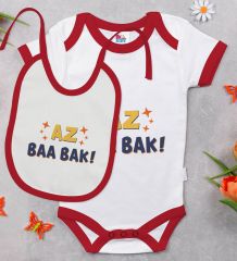 BK Kids Az Baa Bak Tasarımlı Kırmızı Bebek Body Zıbın ve Mama Önlüğü Hediye Seti-1