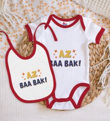 BK Kids Az Baa Bak Tasarımlı Kırmızı Bebek Body Zıbın ve Mama Önlüğü Hediye Seti-1