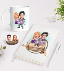 Kişiye Özel Yılın En Mükemmel Çifti Karikatürlü Beyaz Defter Kalem ve Kupa Seti-56