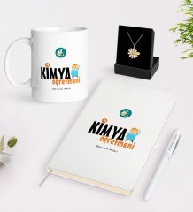 Kişiye Özel Kimya Öğretmeni Beyaz Kupa Defter Kalem ve İsimli Papatya Kolye Hediye Seti-1