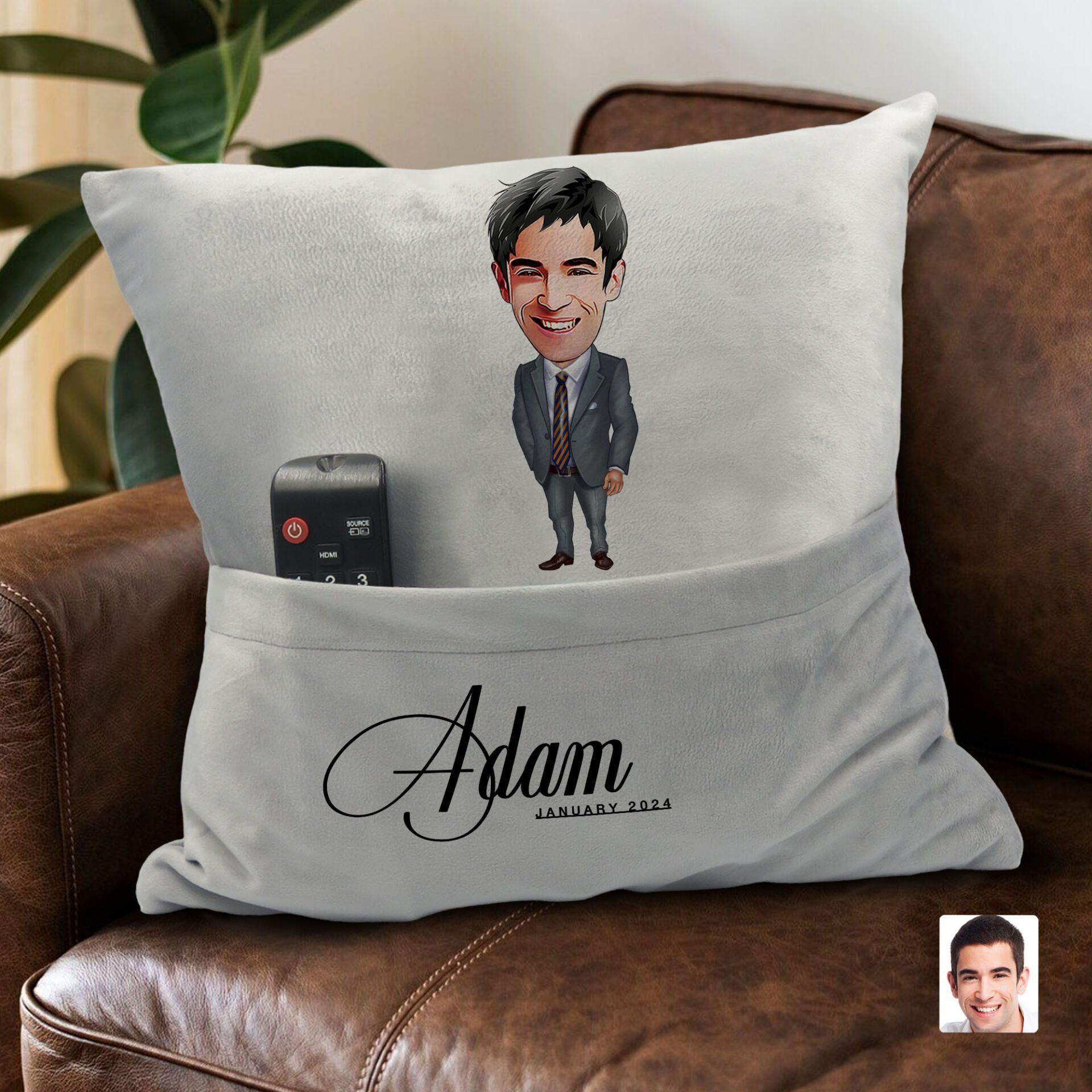 BK Gift Kişiye Özel Boss Baba Karikatür Tasarımlı Organizer Kumanda ve Atıştırmalık Cepli Gri Kırlent Yastık-7 Arkadaşa Hediye, Cepli Yastık