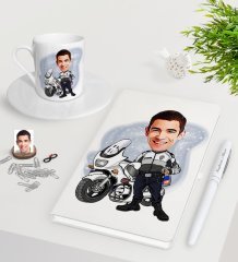Kişiye Özel Erkek Yunus Polisi Karikatürlü Beyaz Defter Kalem Türk Kahvesi Fincanı Seti-1