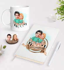 Kişiye Özel Yılın En Mükemmel Çifti Karikatürlü Beyaz Defter Kalem ve Kupa Seti-55