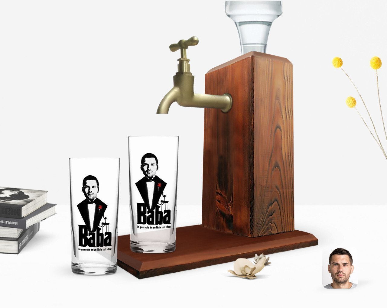 Kişiye Özel Renkli Baskılı Godfather Baba Tasarımlı İkili Rakı Bardağı ve Ahşap Rakı Standı Hediye Seti-3