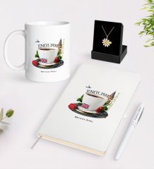 Kişiye Özel İngilizce Öğretmeni Beyaz Kupa Defter Kalem ve İsimli Papatya Kolye Hediye Seti-8