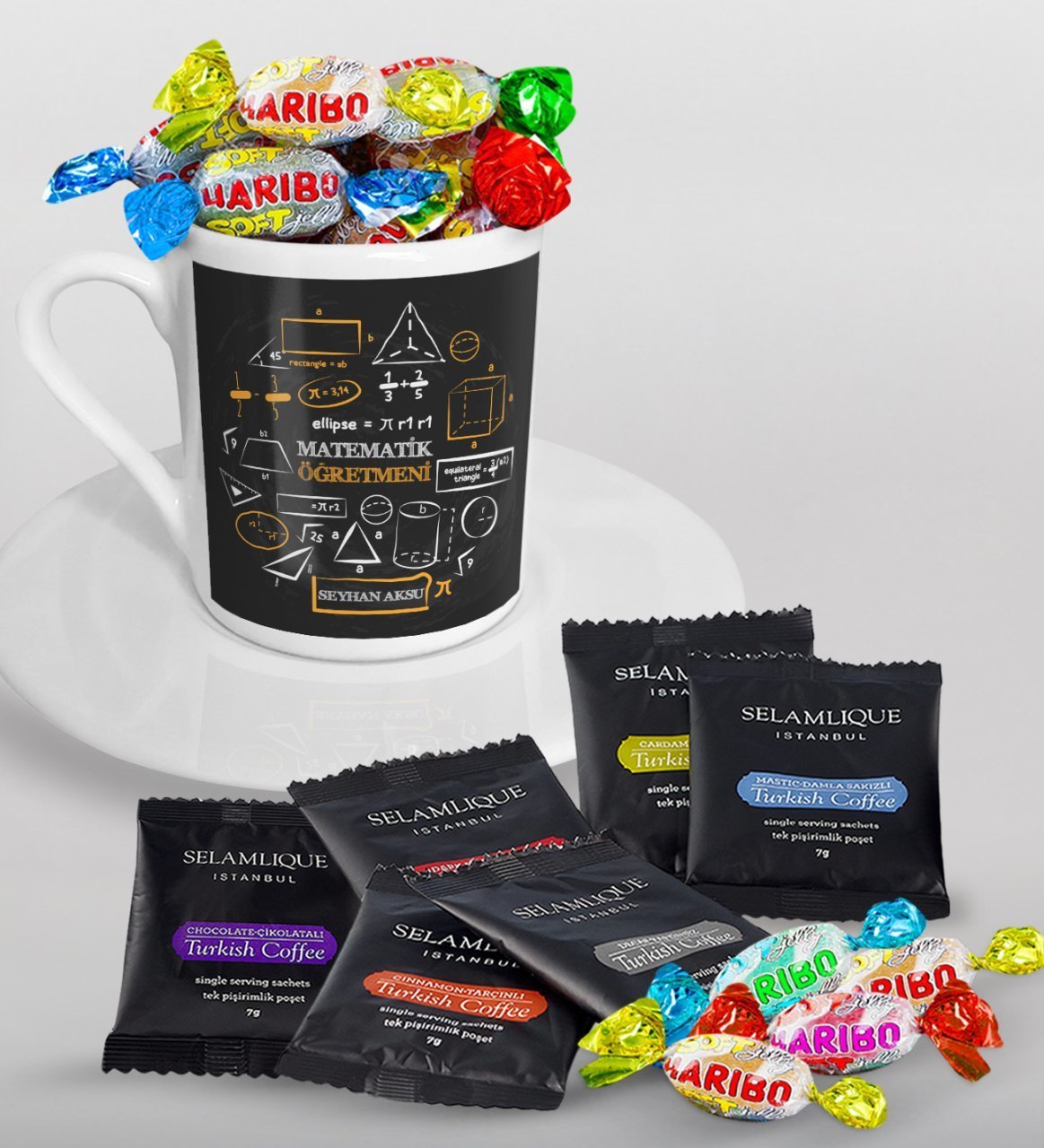 Kişiye Özel Matematik Öğretmeni Türk Kahvesi Fincanı Selamlique Karışık Türk Kahvesi ve Haribo Şeker Hediye Seti-10