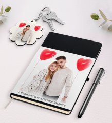 Kişiye Özel Fotoğraflı Mesajlı Siyah Defter Kalem Ve Anahtarlık Hediye Seti