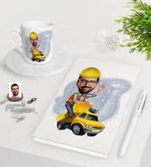 Kişiye Özel Erkek Yol Mühendisi Karikatürlü Beyaz Defter Kalem Türk Kahvesi Fincanı Seti-1