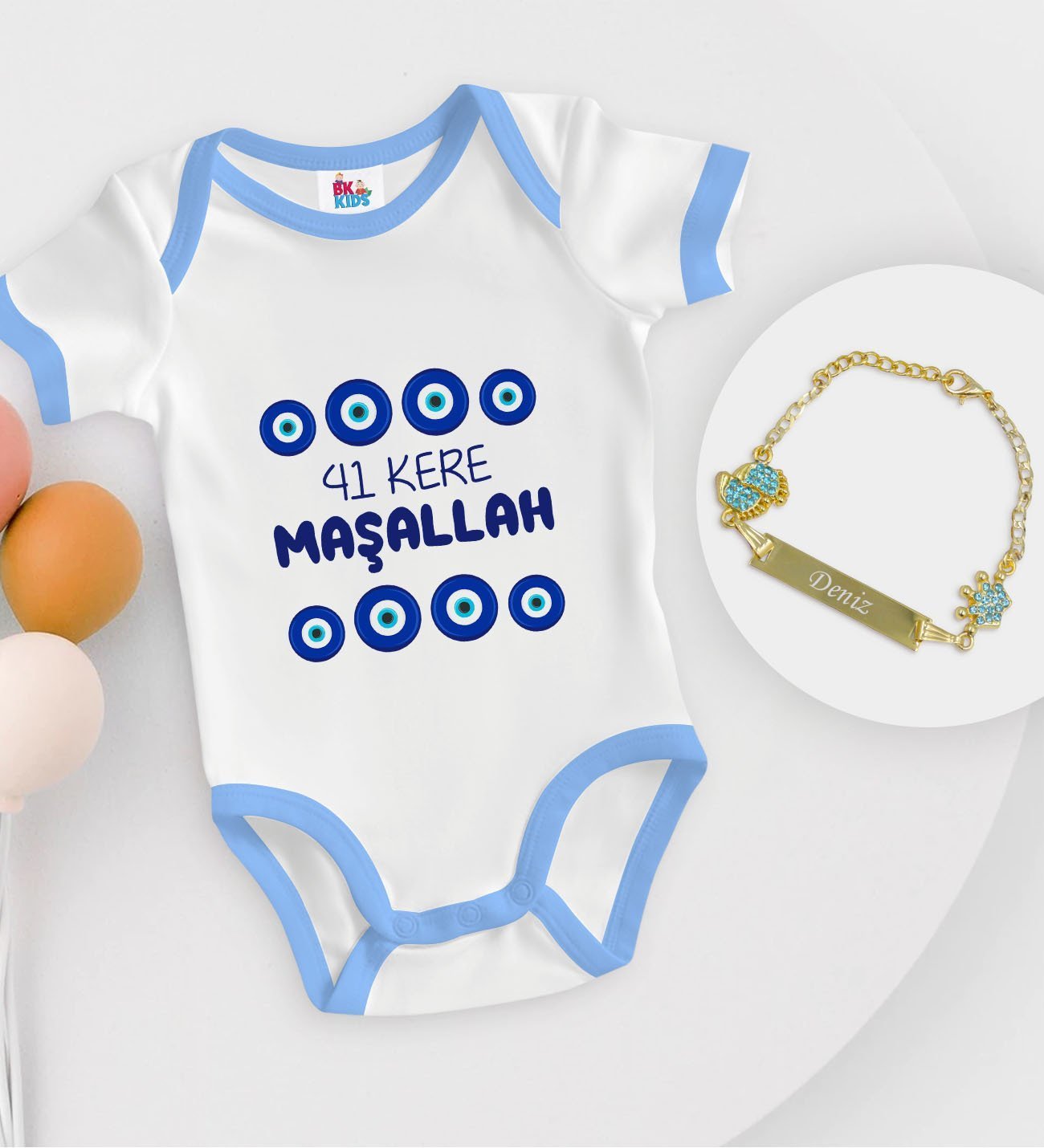 BK Kids Kişiye Özel Maşallah Tasarımlı Mavi Bebek Body Zıbın ve Erkek Bebek Künyesi Hediye Seti-2