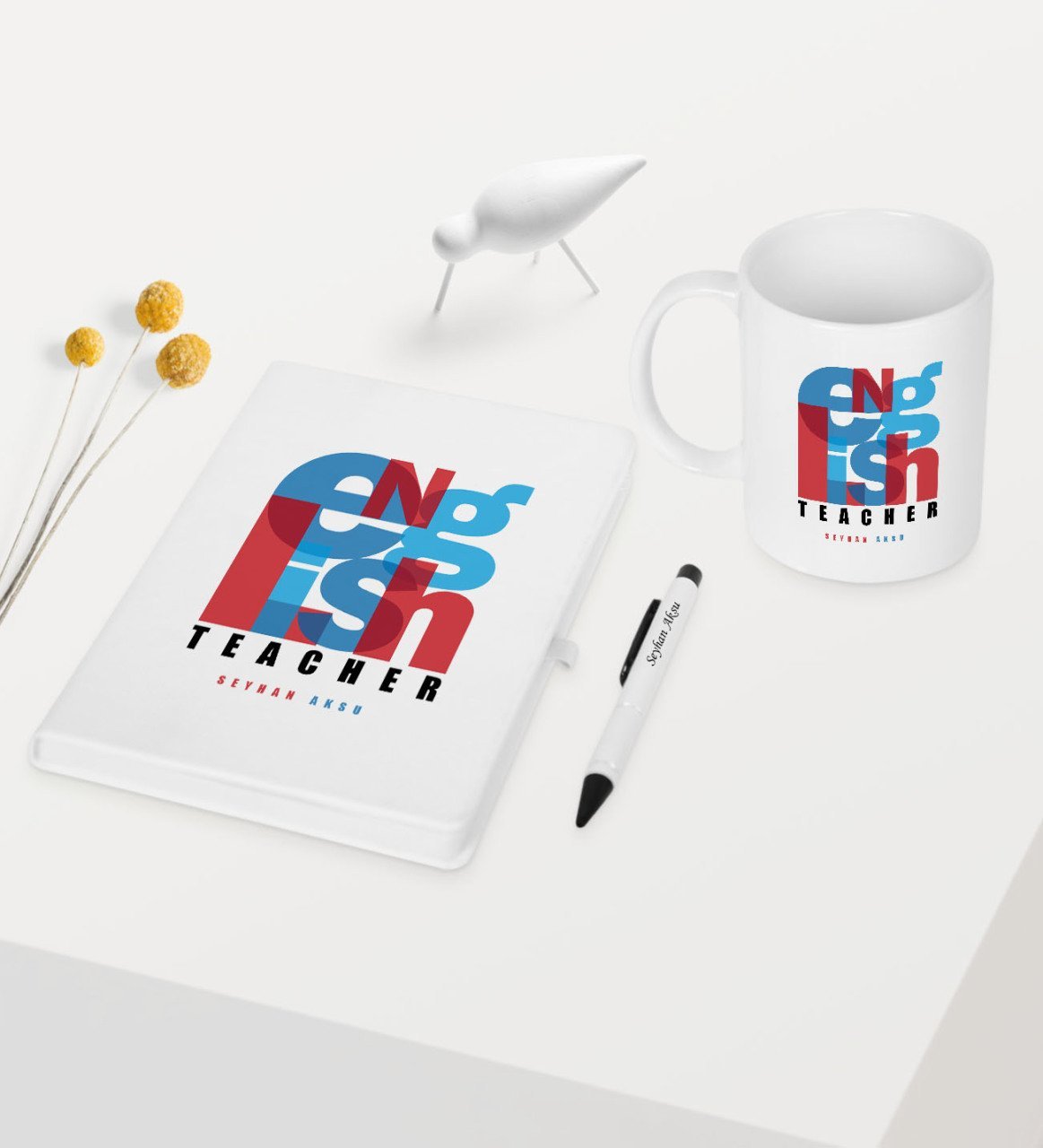 Kişiye Özel İngilizce Öğretmeni Temalı Beyaz Defter Kalem Kupa Seti - 1