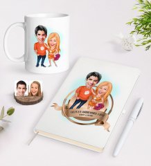 Kişiye Özel Yılın En Mükemmel Çifti Karikatürlü Beyaz Defter Kalem ve Kupa Seti-54
