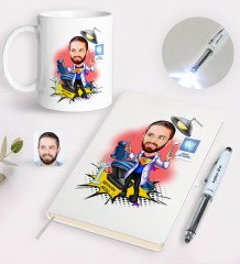 Kişiye Özel Erkek Diş Hekimi Karikatürlü Defter Kupa ve Dokunmatik Işıklı Kalem Seti-1