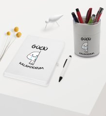 BK Gift Güçlü Kalamıyorum Tasarımlı Beyaz Defter Kalem ve Kalemlik Hediye Seti - Model 1