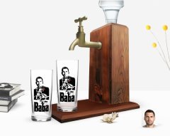 Kişiye Özel Renkli Baskılı Godfather Baba Tasarımlı İkili Rakı Bardağı ve Ahşap Rakı Standı Hediye Seti-2