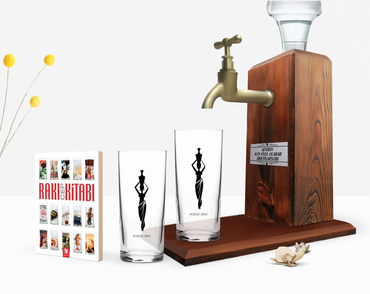 Kişiye Özel Renkli Baskılı İsimli İkili Rakı Bardağı Ahşap Rakı Standı ve Cep Kitabı Hediye Seti-118