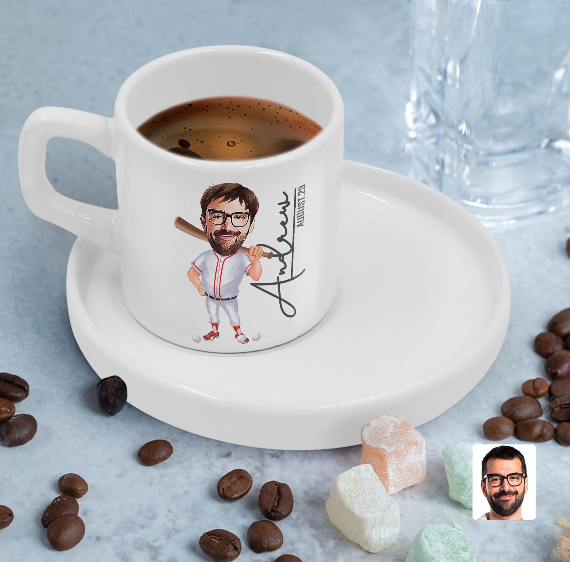 BK Gift Kişiye Özel Sunum Tabaklı Erkek Beyzbol Karikatürlü Kahve Fincanı-16, Sevgiliye Hediye, Aileye Hediye, Arkadaşa Hediye