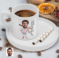 BK Gift Kişiye Özel Sunum Tabaklı Erkek Beyzbol Karikatürlü Kahve Fincanı-16, Sevgiliye Hediye, Aileye Hediye, Arkadaşa Hediye