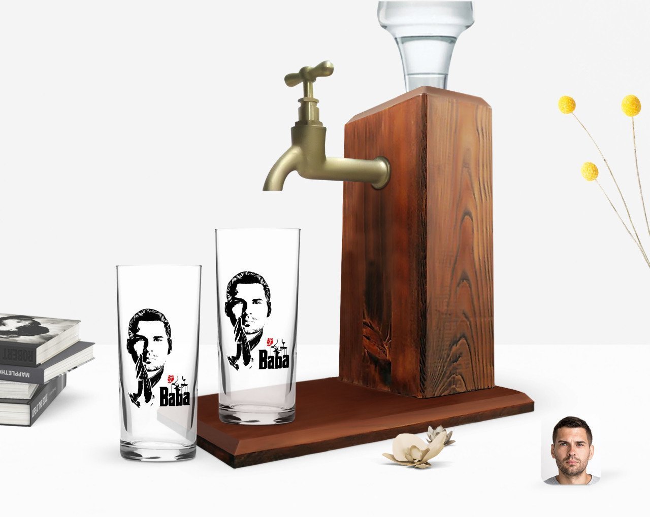 Kişiye Özel Renkli Baskılı Godfather Baba Tasarımlı İkili Rakı Bardağı ve Ahşap Rakı Standı Hediye Seti-1
