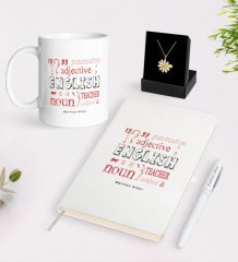 Kişiye Özel İngilizce Öğretmeni Beyaz Kupa Defter Kalem ve İsimli Papatya Kolye Hediye Seti-6
