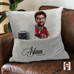 BK Gift Kişiye Özel Boss Baba Karikatür Tasarımlı Organizer Kumanda ve Atıştırmalık Cepli Gri Kırlent Yastık-4 Arkadaşa Hediye, Cepli Yastık