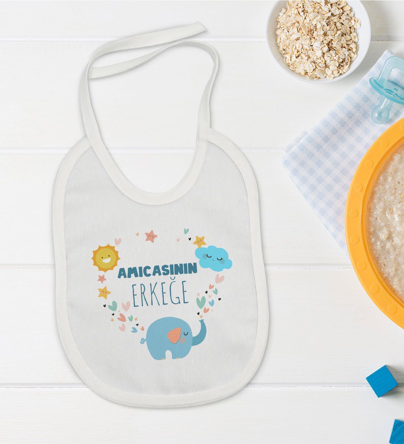 BK Kids Amcasının Erkeğe Tasarımlı Beyaz Bebek Mama Önlüğü-1
