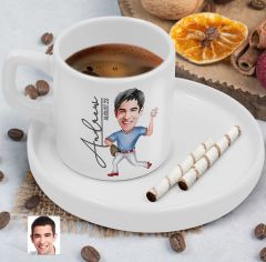BK Gift Kişiye Özel Sunum Tabaklı Erkek Beyzbol Karikatürlü Kahve Fincanı-15, Sevgiliye Hediye, Aileye Hediye, Arkadaşa Hediye