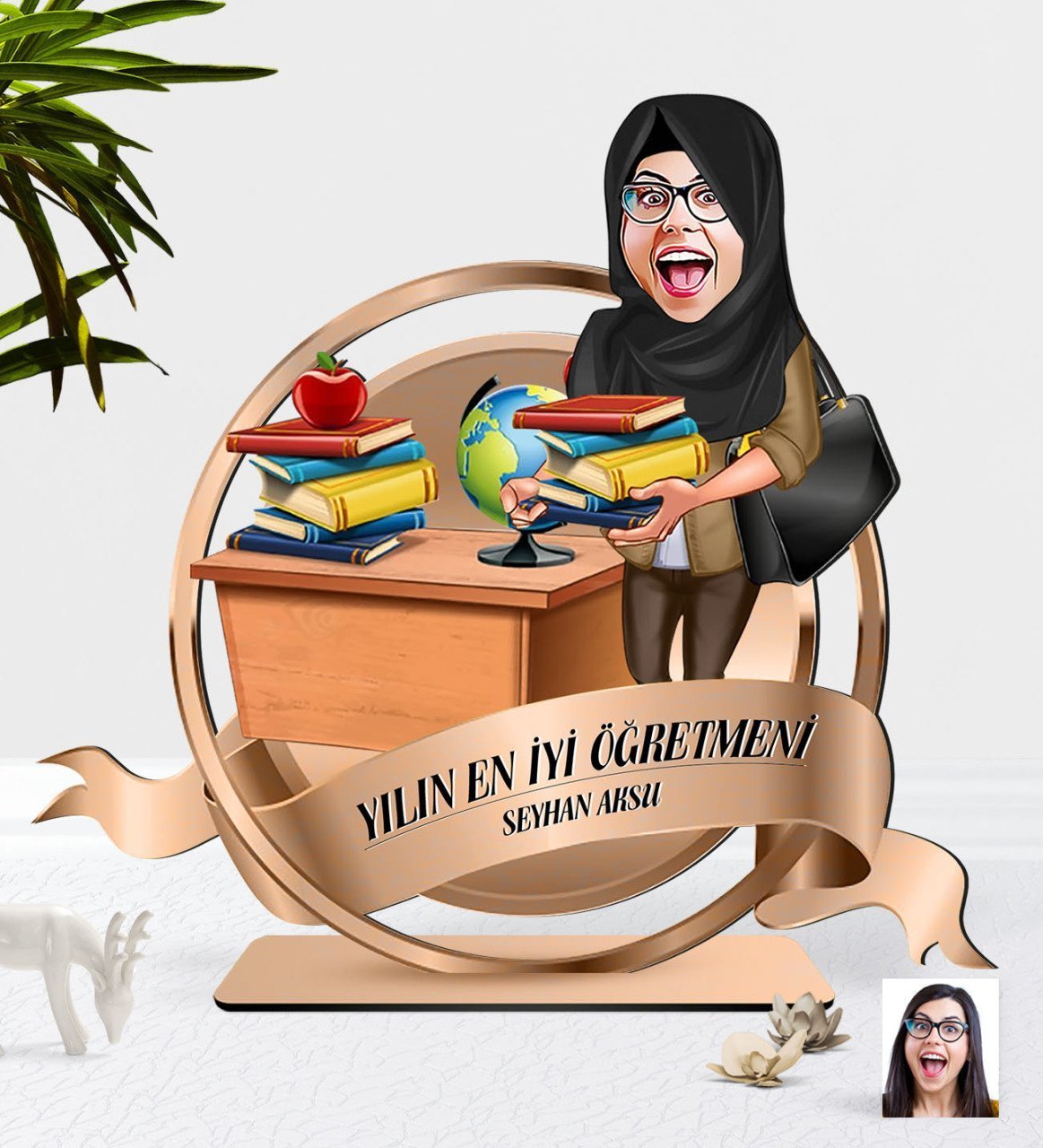 Kişiye Özel Yılın En İyi Kadın Öğretmeni Karikatürlü 3D Ahşap Biblo Plaket-4